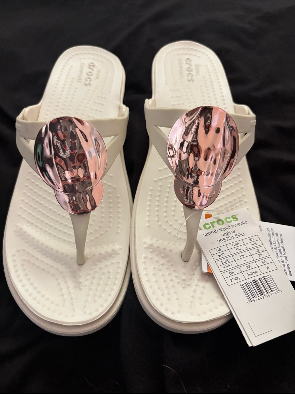 CROCS Women’s White Flip Sandals with Rose Gold Heart Accent - Picture 2 of 4